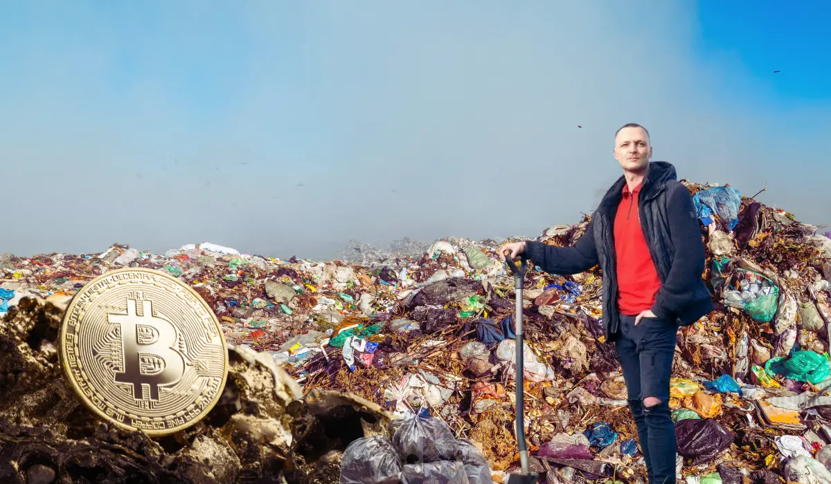 James Howells standing with a digger and trash and Bitcoin graphics