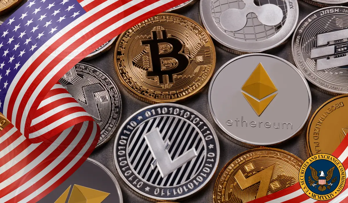 U.S. flag with cryptocurrency coins and SEC logo symbolizing regulatory clarity on liquid staking tokens