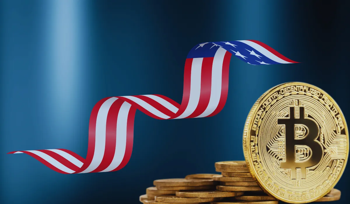 US flag with Bitcoin coins representing strategic Bitcoin reserve